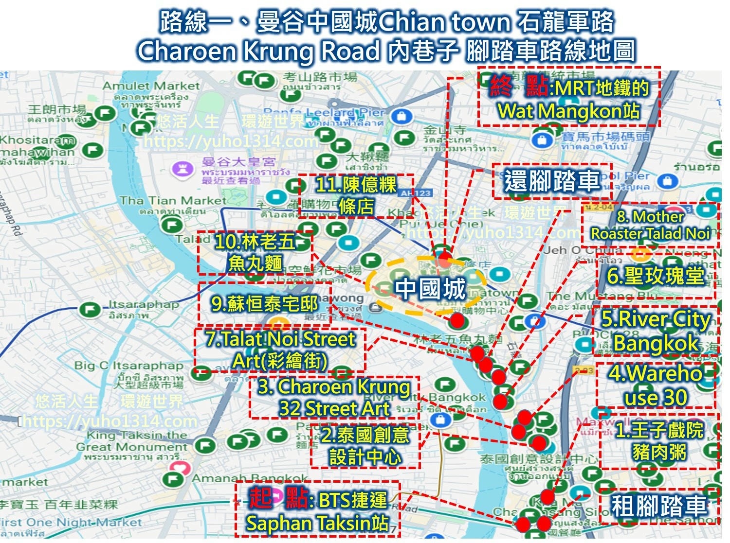【曼谷深度旅遊2025】❤️曼谷騎腳踏車推薦路線地圖😍 (含曼谷新景點、米其林美食、文青景點) - 第2張圖 曼谷深度旅遊路線一 曼谷騎腳踏車路線圖、曼谷中國城Chian town 石龍軍路Charoen Krung Road 內巷子(含曼谷唐人街交通)
