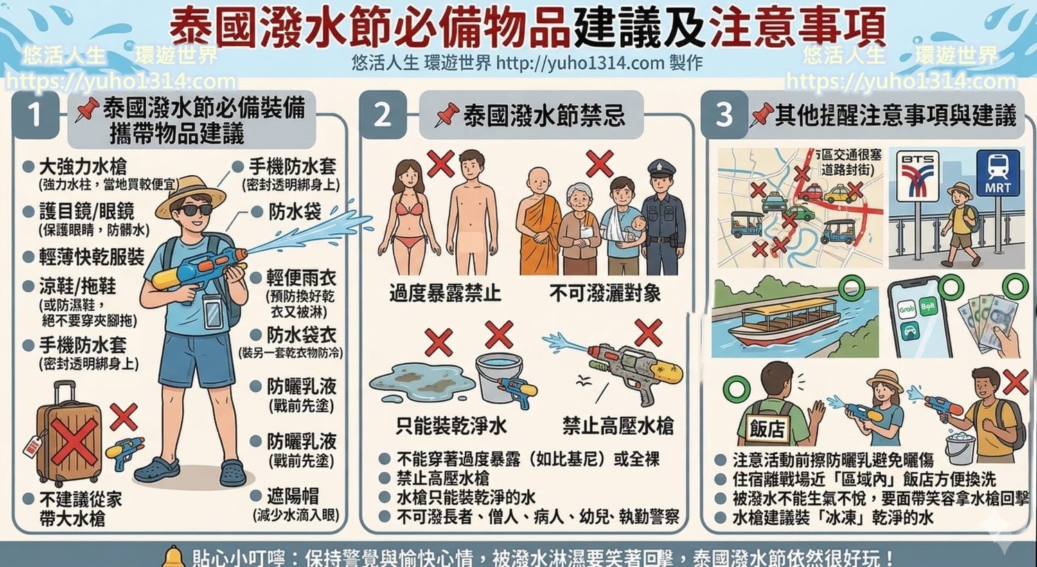 【2026泰國潑水節】❤️曼谷自由行攻略:最新日期時間、一級戰區地點與必玩心得! - 第5張圖 泰國潑水節必備物品建議及注意事項