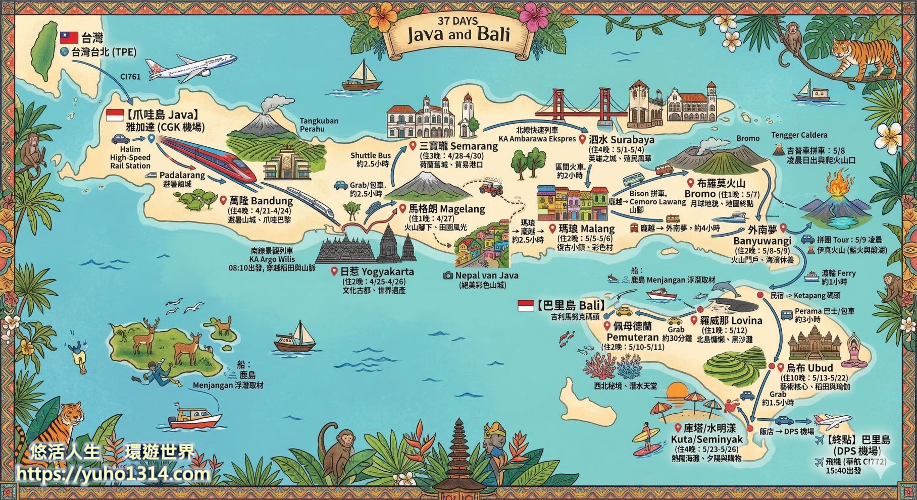 【2026印尼自由行】37天爪哇島到峇里島大縱走旅遊!5萬台幣全包行程攻略 - 第2張圖 作者2026年印尼峇里島自由行37天行程規劃安排路線圖