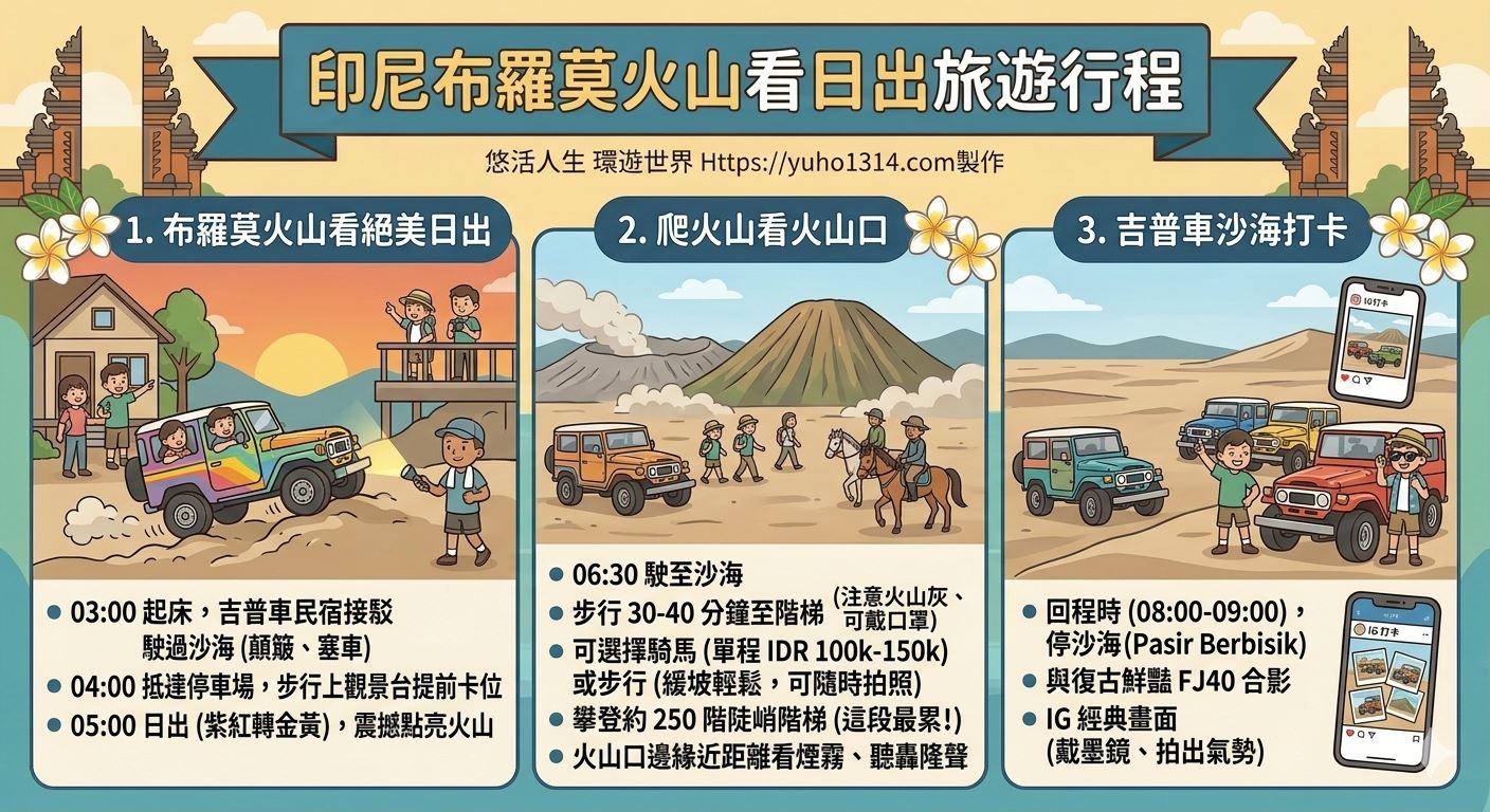 【2026布羅莫火山】Bromo日出吉普車旅行!免跟團自由行交通與住宿攻略 - 第6張圖 布羅莫火山看日出旅遊行程