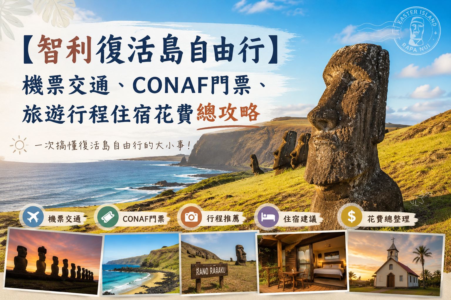 復活島自由行、復活島旅遊、復活島摩艾石像、智利復活島旅遊、復活節島旅遊、復活島門票費用2026、CONAF復活島、台灣飛復活島機票、智利聖地牙哥轉機、智利復活島自由行台灣人花費攻略2026