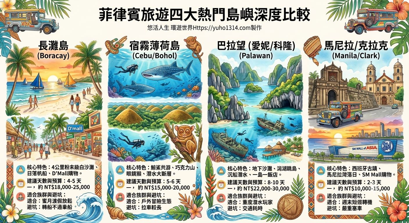 【2026菲律賓自由行攻略】免簽14天新制!5天4夜花費、選島交通住宿懶人包 - 第1張圖 菲律賓自由行旅遊四大熱門島嶼深度比較圖