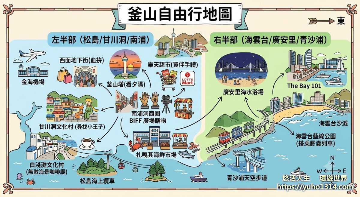 【2026釜山自由行】5天4夜行程花費、⽢川洞海雲台景點交通住宿推薦懶⼈包 - 第13張圖 釜山自由行地圖